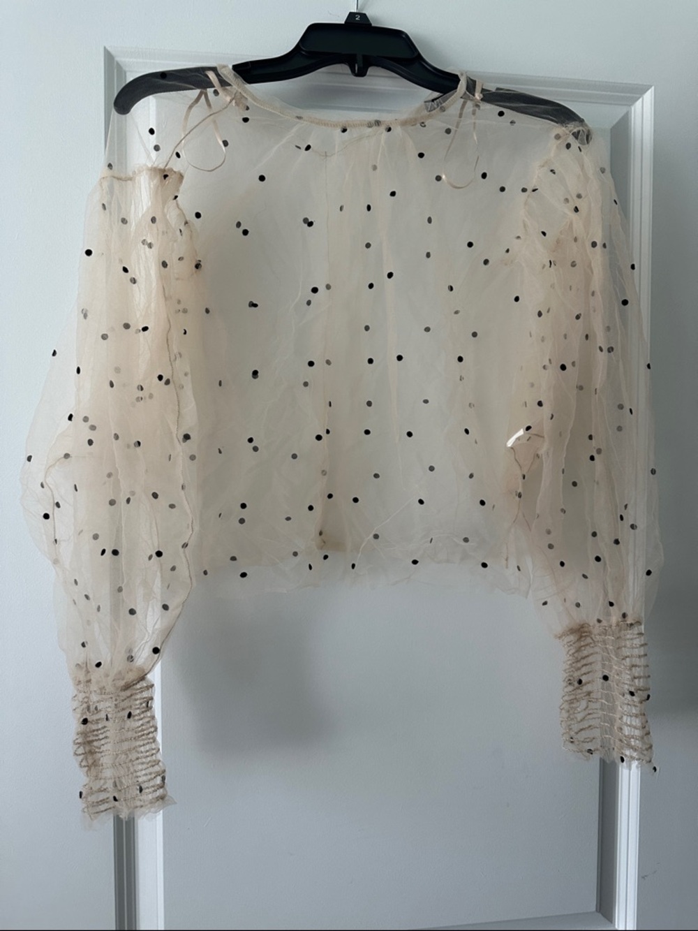 Zara Sheer Polka Dot Puff Sleeve Blouse - Nude with Black Dots